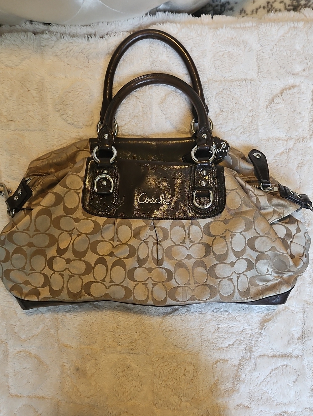 Coach Tote Bag in Khaki and Dark Brown Leather Trim
